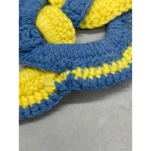 vintage crocheted amish style knot pot holder trivet blue yellow 8" READ - Picture 9 of 10